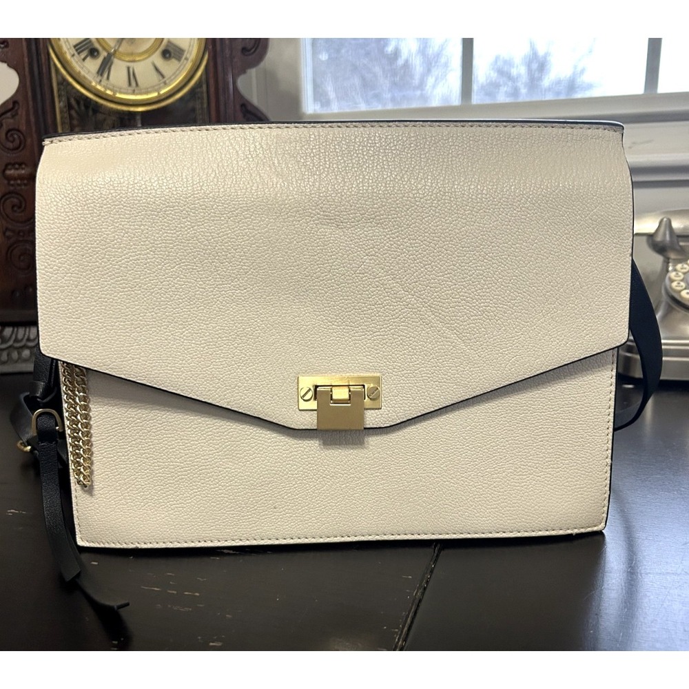 REISS Leather Bag - White Crossbody Bag, Gold Lock Soft Suede Interior Excellent
